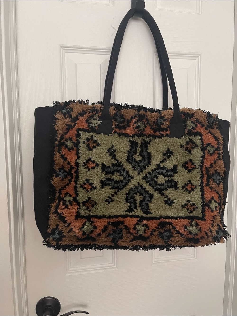 Faux Shag Rug Mosaic Tote Bag in Olive & Rust - Picture 8 of 16